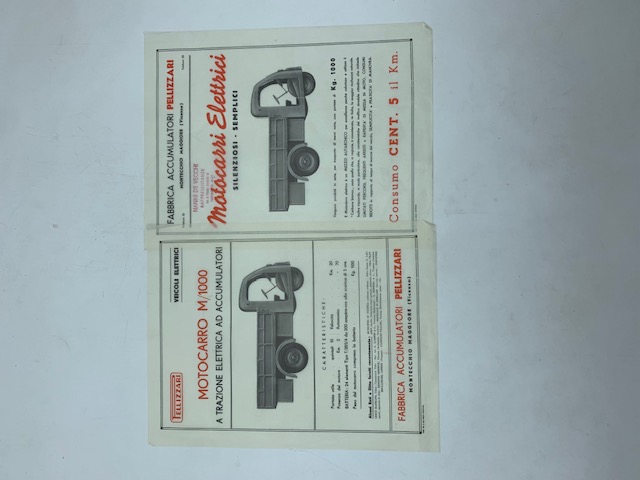 Pellizzari. Veicoli elettrici. Motocarro M/1000 a trazione elettrica ad accumulatori (2 fogli pubblicitari)